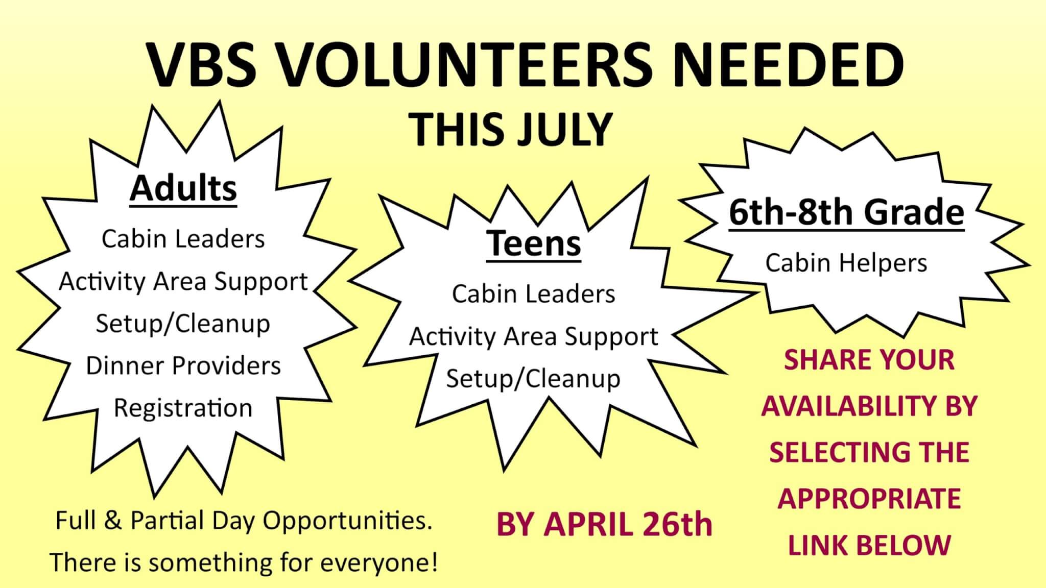 Vacation Bible School 2026 Volunteers Needed!